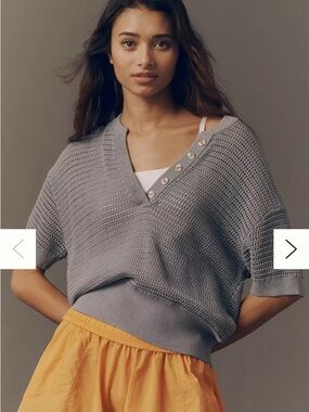 Anthropologie Varley Callie Knit Top Short Sleeve Button Pullover Wind Blue Lg